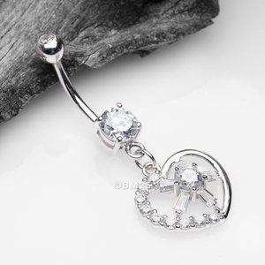 14 Karat White Gold Sparkle Floral Ray Heart Belly Button Ring